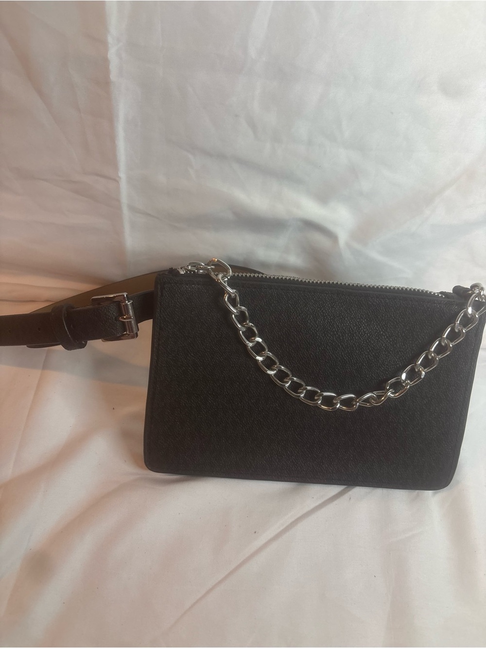 Minimalist Black Crossbody Belt Bag with Silver Chain Accent